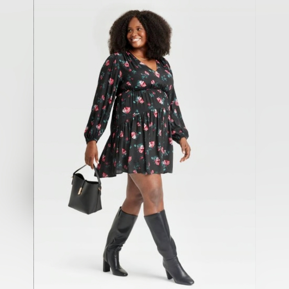 A New Day Floral Print Balloom/Bishop Sleeve Ruffled Hem With Tie-Back Dress NWT